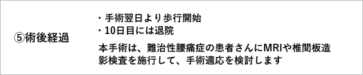 5)術後経過 手術翌日より歩行開始／10日目には退院　本手術は、難治性腰痛症の患者さんにMRIや椎間板造影検査を施行して、手術適応を検討します